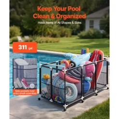 VEVOR Pool Storage Bin, 62.6 x 32 x 36 in, Rolling Pool Float Storage Organizer with Side Pockets & Casters, Durable Plastic Frame, Poolside Toys Noodles Holder Mesh Basket for Swimming Pools