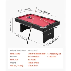VEVOR Pool Table, 6 ft Portable Billiards Tables, Adjustable Feet Stable Game Table, Entertainment Set Includes Ball, Cue, Rack, Chalk and Brush, Black with Red Cloth, for Family Use, Recreation Room
