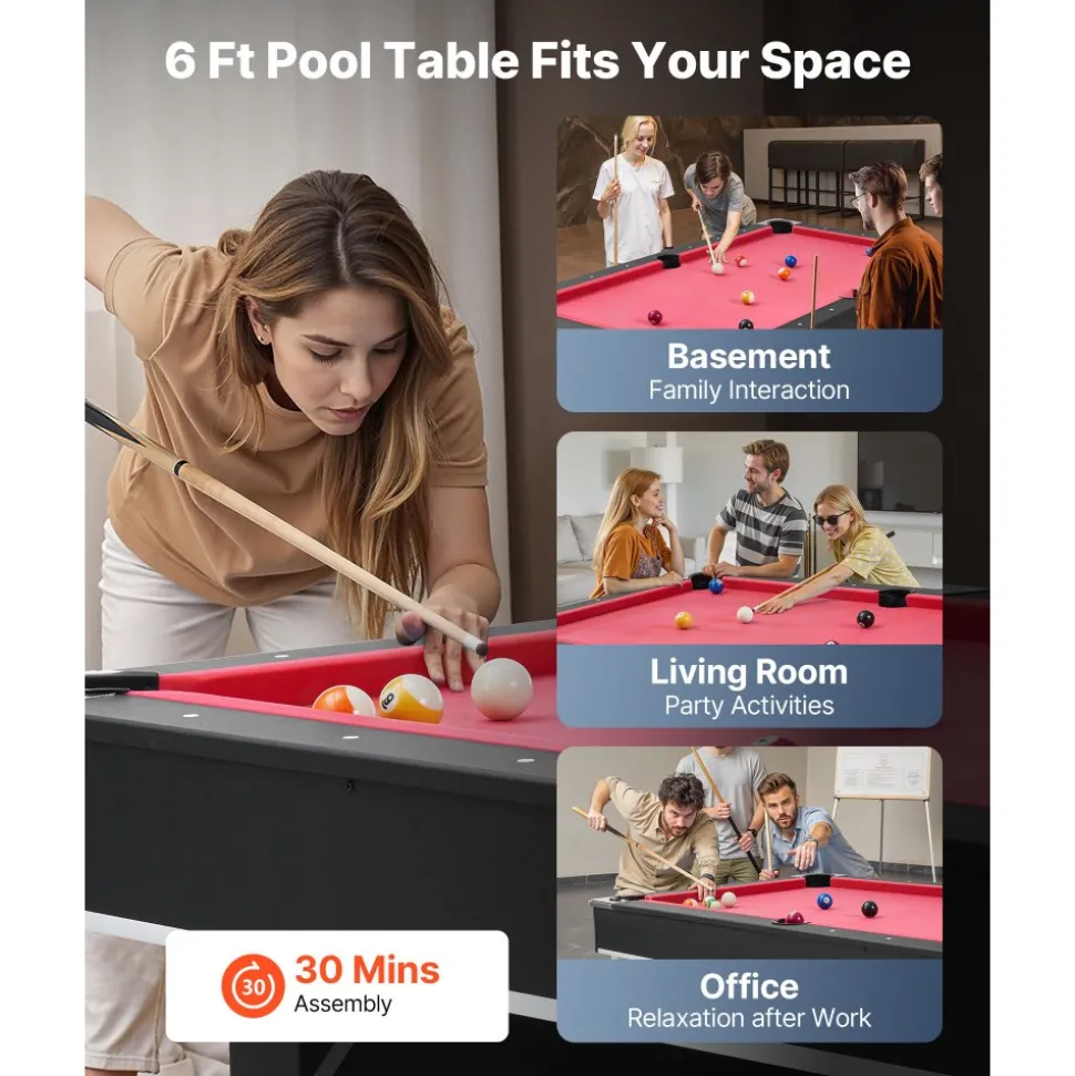 VEVOR Pool Table, 6 ft Portable Billiards Tables, Adjustable Feet Stable Game Table, Entertainment Set Includes Ball, Cue, Rack, Chalk and Brush, Black with Red Cloth, for Family Use, Recreation Room