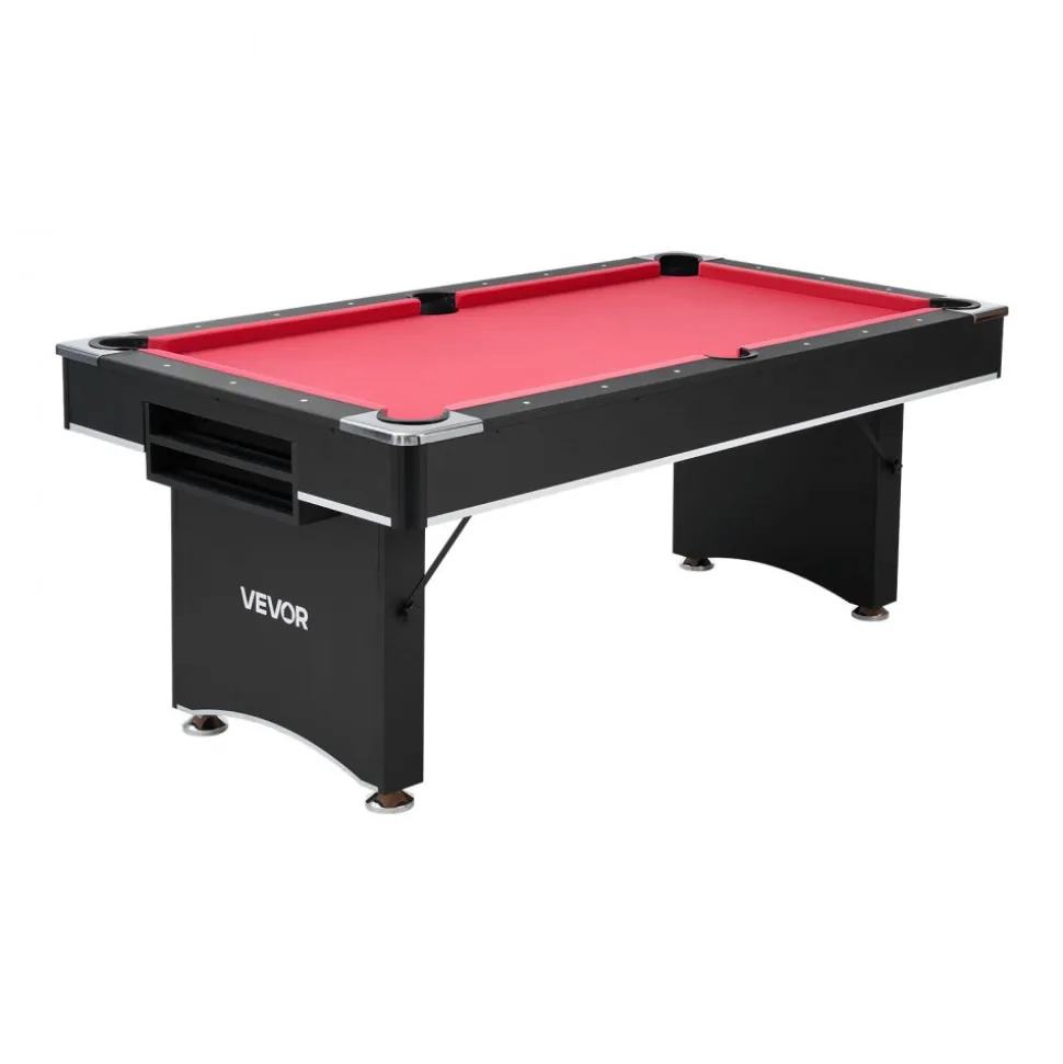 VEVOR Pool Table, 6 ft Portable Billiards Tables, Adjustable Feet Stable Game Table, Entertainment Set Includes Ball, Cue, Rack, Chalk and Brush, Black with Red Cloth, for Family Use, Recreation Room