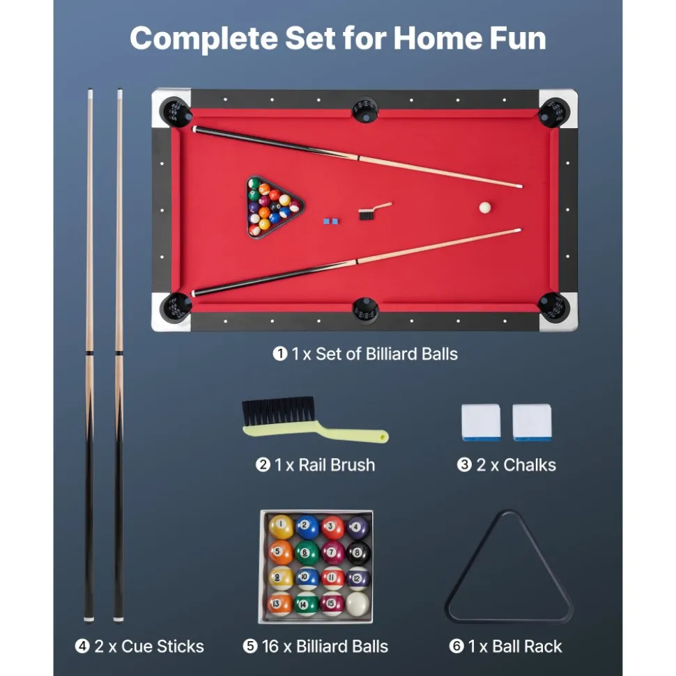 VEVOR Pool Table, 6 ft Portable Billiards Tables, Adjustable Feet Stable Game Table, Entertainment Set Includes Ball, Cue, Rack, Chalk and Brush, Black with Red Cloth, for Family Use, Recreation Room