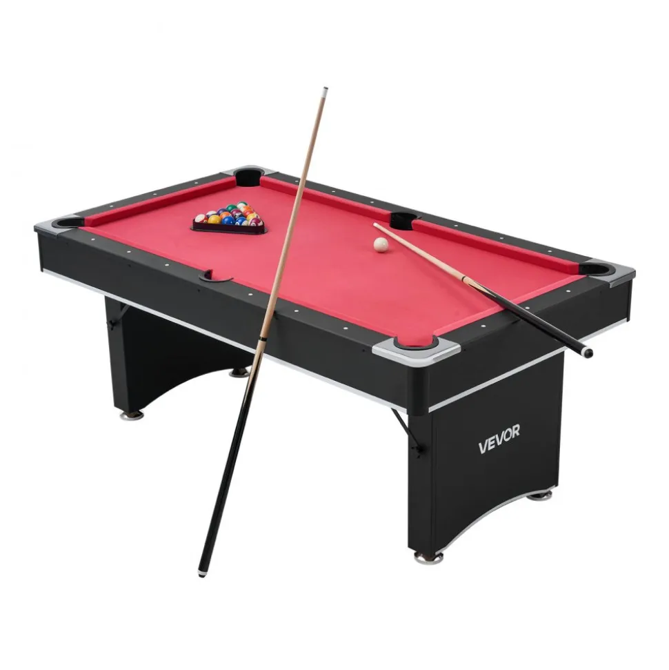VEVOR Pool Table, 6 ft Portable Billiards Tables, Adjustable Feet Stable Game Table, Entertainment Set Includes Ball, Cue, Rack, Chalk and Brush, Black with Red Cloth, for Family Use, Recreation Room