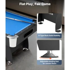 VEVOR Pool Table, 7 ft Portable Billiards Tables, Adjustable Feet Stable Game Table, Entertainment Set Includes Ball, Cue, Rack, Chalk and Brush, Black with Bule Cloth, for Family Use, Recreation Room
