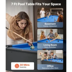 VEVOR Pool Table, 7 ft Portable Billiards Tables, Adjustable Feet Stable Game Table, Entertainment Set Includes Ball, Cue, Rack, Chalk and Brush, Black with Bule Cloth, for Family Use, Recreation Room