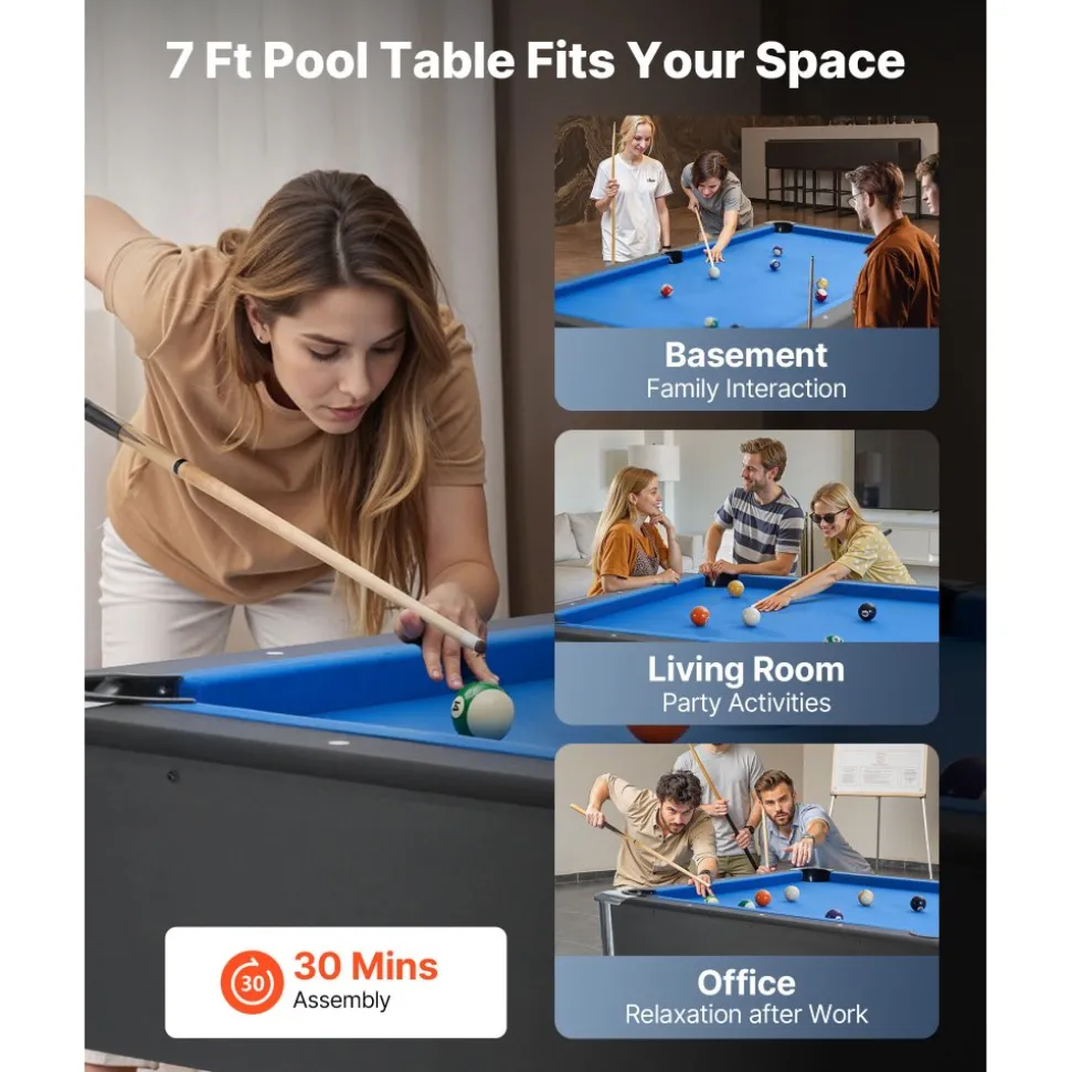 VEVOR Pool Table, 7 ft Portable Billiards Tables, Adjustable Feet Stable Game Table, Entertainment Set Includes Ball, Cue, Rack, Chalk and Brush, Black with Bule Cloth, for Family Use, Recreation Room