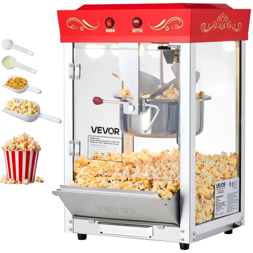 VEVOR Popcorn Machine, 8oz Stainless Steel Kettle, 800W Commercial Countertop Popcorn Maker, 48 Cups per Batch Theater Style Popper, with 2-Button Control Glass Wall PC Door 1 Scoop 3 Spoons, Red