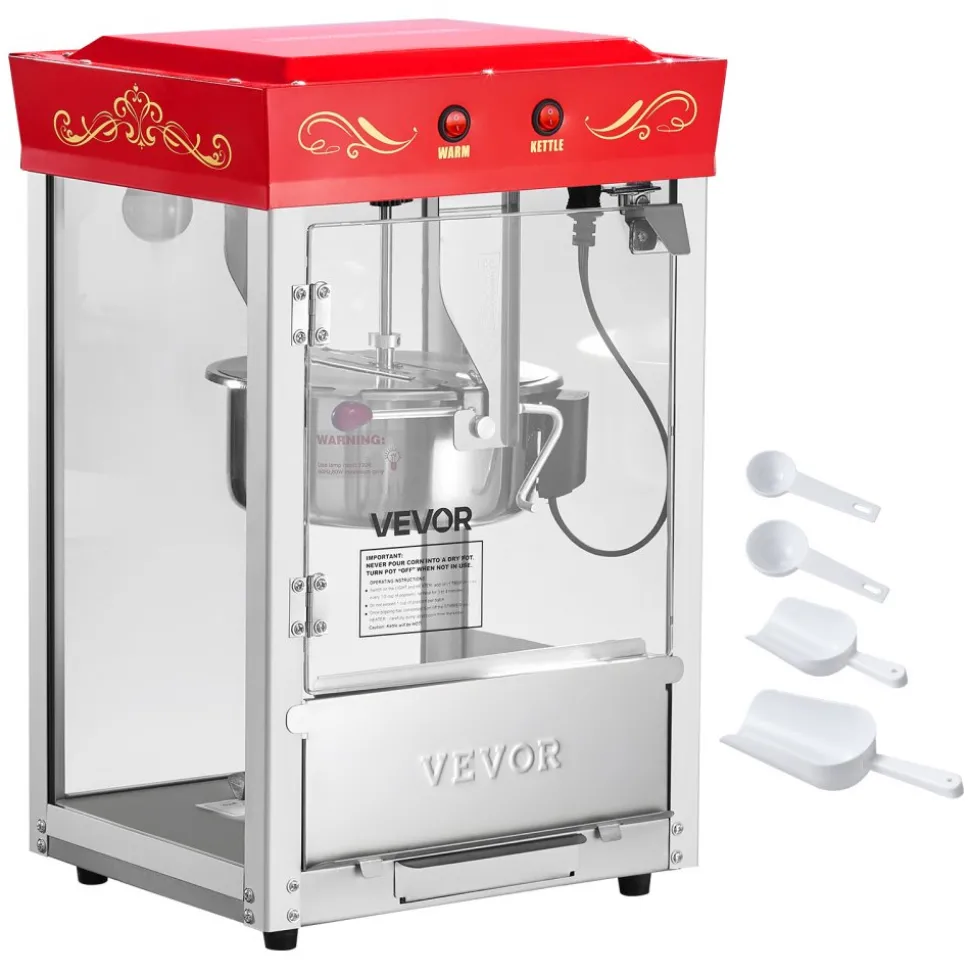 VEVOR Popcorn Machine, 8oz Stainless Steel Kettle, 800W Commercial Countertop Popcorn Maker, 48 Cups per Batch Theater Style Popper, with 2-Button Control Glass Wall PC Door 1 Scoop 3 Spoons, Red