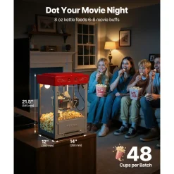 VEVOR Popcorn Machine, 8oz Stainless Steel Kettle, 800W Commercial Countertop Popcorn Maker, 48 Cups per Batch Theater Style Popper, with 2-Button Control Glass Wall PC Door 1 Scoop 3 Spoons, Red