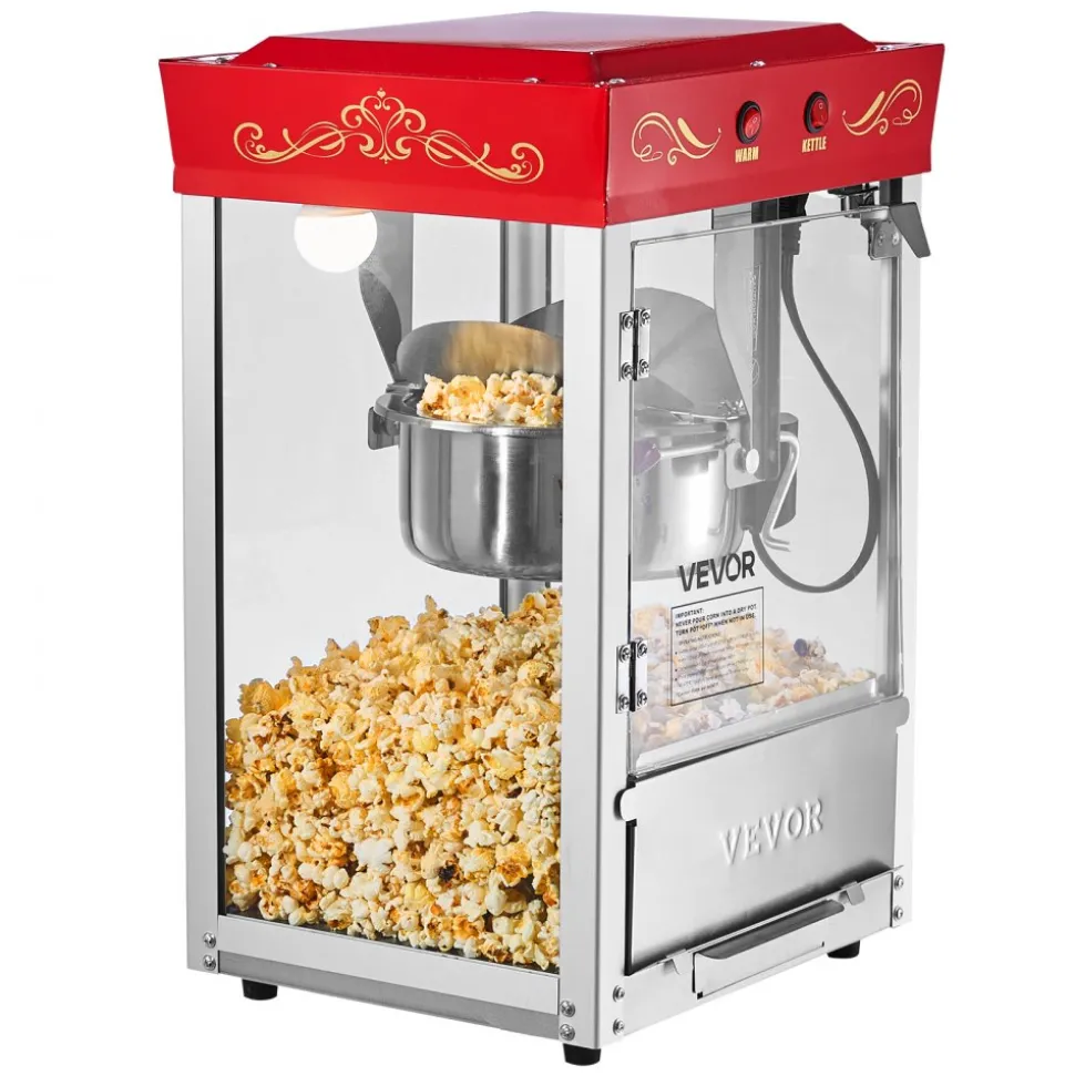 VEVOR Popcorn Machine, 8oz Stainless Steel Kettle, 800W Commercial Countertop Popcorn Maker, 48 Cups per Batch Theater Style Popper, with 2-Button Control Glass Wall PC Door 1 Scoop 3 Spoons, Red