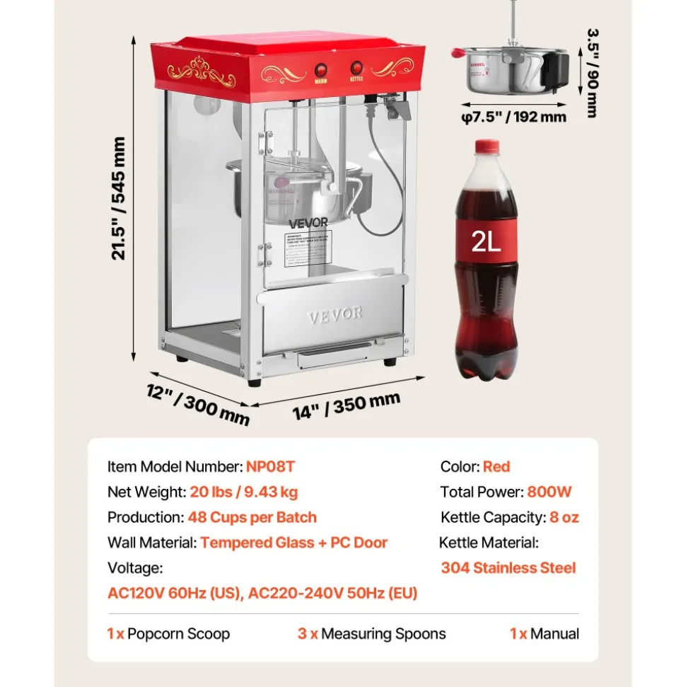 VEVOR Popcorn Machine, 8oz Stainless Steel Kettle, 800W Commercial Countertop Popcorn Maker, 48 Cups per Batch Theater Style Popper, with 2-Button Control Glass Wall PC Door 1 Scoop 3 Spoons, Red