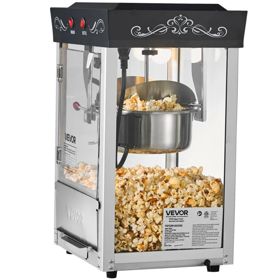 VEVOR Popcorn Machine, 8oz Stainless Steel Kettle, 800W Commercial Countertop Popcorn Maker, 48 Cups per Batch Theater Style Popper, with 2-Button Control Glass Wall PC Door 1 Scoop 3 Spoons, Black