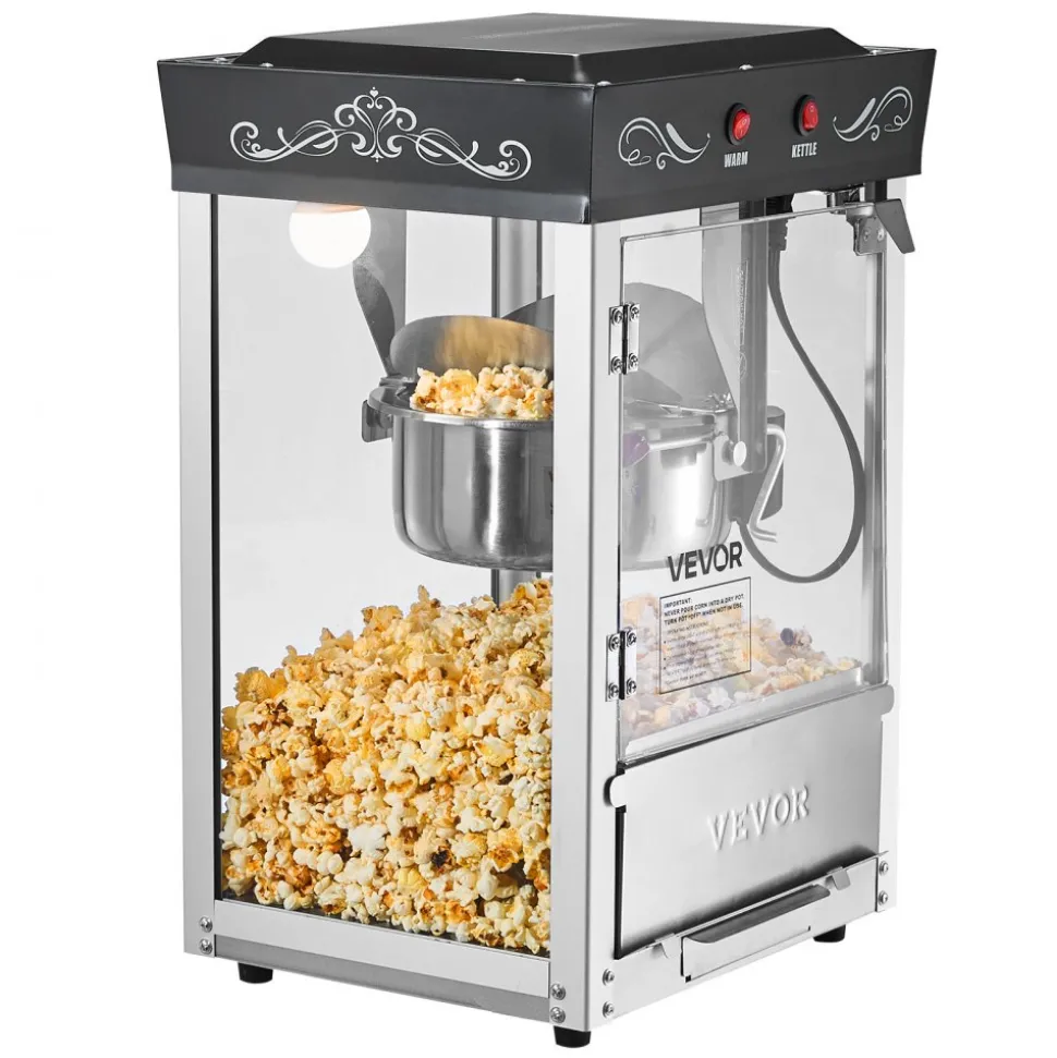 VEVOR Popcorn Machine, 8oz Stainless Steel Kettle, 800W Commercial Countertop Popcorn Maker, 48 Cups per Batch Theater Style Popper, with 2-Button Control Glass Wall PC Door 1 Scoop 3 Spoons, Black