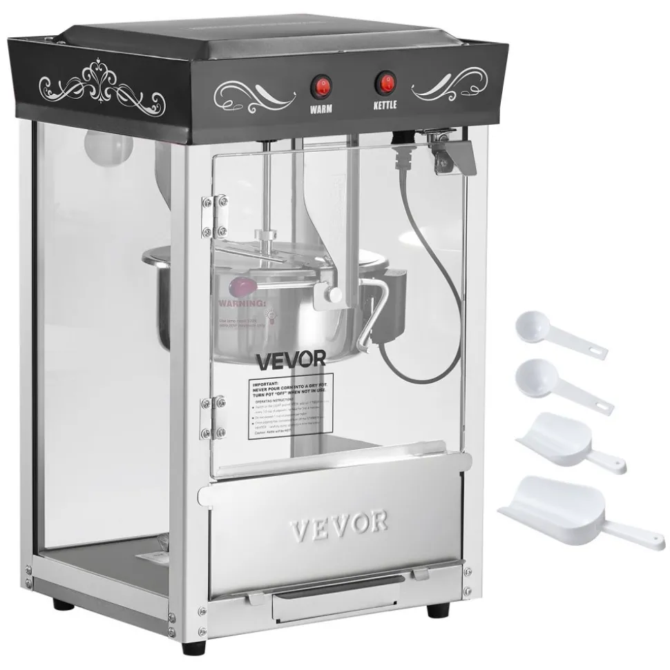 VEVOR Popcorn Machine, 8oz Stainless Steel Kettle, 800W Commercial Countertop Popcorn Maker, 48 Cups per Batch Theater Style Popper, with 2-Button Control Glass Wall PC Door 1 Scoop 3 Spoons, Black