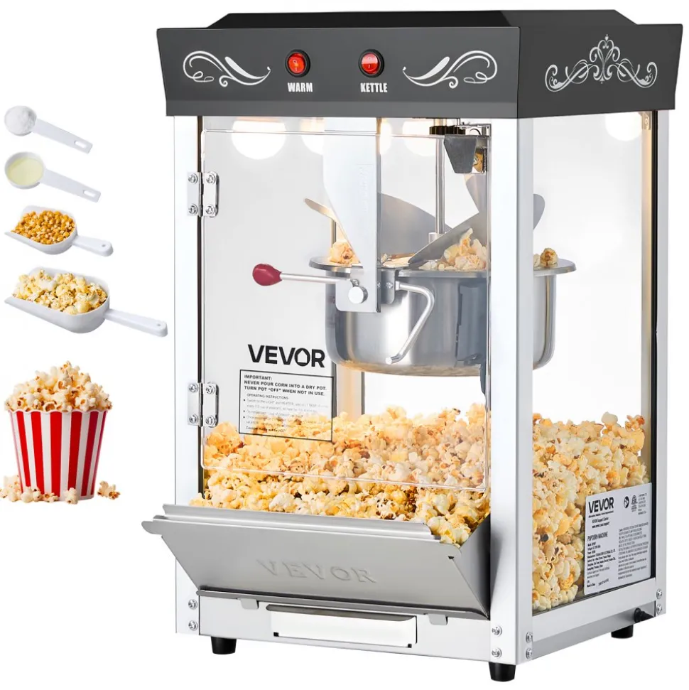 VEVOR Popcorn Machine, 8oz Stainless Steel Kettle, 800W Commercial Countertop Popcorn Maker, 48 Cups per Batch Theater Style Popper, with 2-Button Control Glass Wall PC Door 1 Scoop 3 Spoons, Black