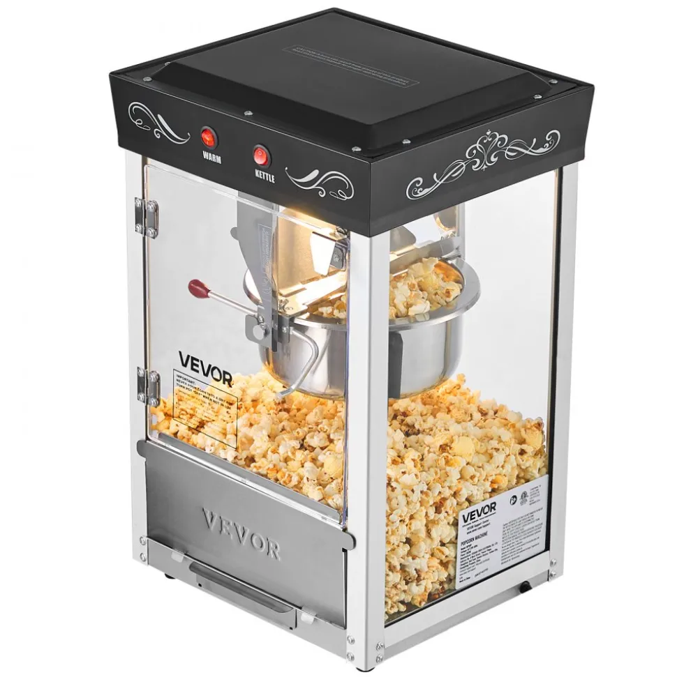 VEVOR Popcorn Machine, 8oz Stainless Steel Kettle, 800W Commercial Countertop Popcorn Maker, 48 Cups per Batch Theater Style Popper, with 2-Button Control Glass Wall PC Door 1 Scoop 3 Spoons, Black
