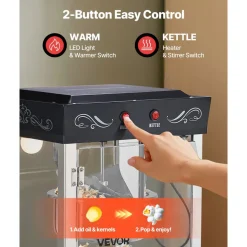 VEVOR Popcorn Machine, 8oz Stainless Steel Kettle, 800W Commercial Countertop Popcorn Maker, 48 Cups per Batch Theater Style Popper, with 2-Button Control Glass Wall PC Door 1 Scoop 3 Spoons, Black