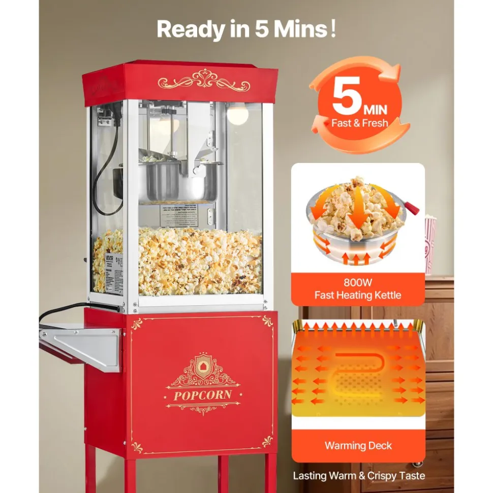 VEVOR Popcorn Machine with Cart, 8oz Stainless Steel Kettle, 800W Commercial Popcorn Maker, 48 Cups per Batch Theater Style Popper, with 2-Button Control Glass Wall PC Door 1 Scoop 3 Spoons, Red