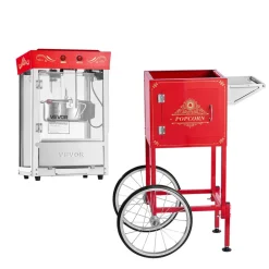 VEVOR Popcorn Machine with Cart, 8oz Stainless Steel Kettle, 800W Commercial Popcorn Maker, 48 Cups per Batch Theater Style Popper, with 2-Button Control Glass Wall PC Door 1 Scoop 3 Spoons, Red