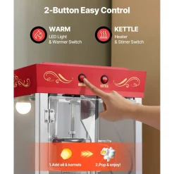 VEVOR Popcorn Machine with Cart, 8oz Stainless Steel Kettle, 800W Commercial Popcorn Maker, 48 Cups per Batch Theater Style Popper, with 2-Button Control Glass Wall PC Door 1 Scoop 3 Spoons, Red