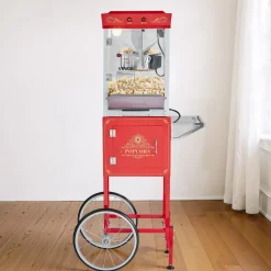 VEVOR Popcorn Machine with Cart, 8oz Stainless Steel Kettle, 800W Commercial Popcorn Maker, 48 Cups per Batch Theater Style Popper, with 2-Button Control Glass Wall PC Door 1 Scoop 3 Spoons, Red