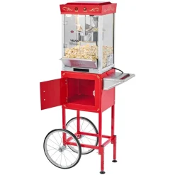 VEVOR Popcorn Machine with Cart, 8oz Stainless Steel Kettle, 800W Commercial Popcorn Maker, 48 Cups per Batch Theater Style Popper, with 2-Button Control Glass Wall PC Door 1 Scoop 3 Spoons, Red