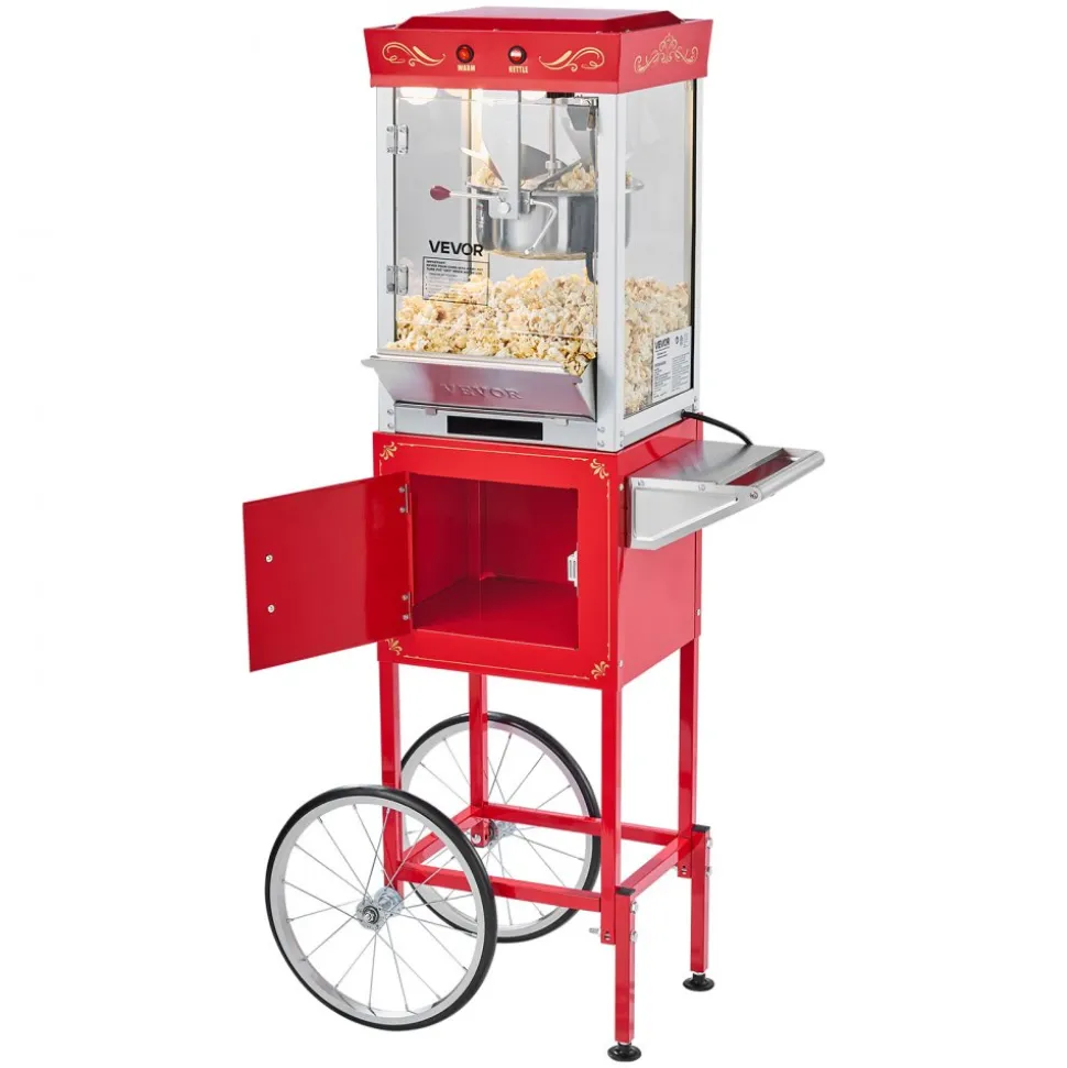 VEVOR Popcorn Machine with Cart, 8oz Stainless Steel Kettle, 800W Commercial Popcorn Maker, 48 Cups per Batch Theater Style Popper, with 2-Button Control Glass Wall PC Door 1 Scoop 3 Spoons, Red