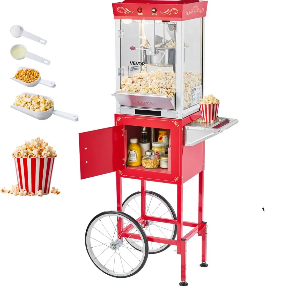 VEVOR Popcorn Machine with Cart, 8oz Stainless Steel Kettle, 800W Commercial Popcorn Maker, 48 Cups per Batch Theater Style Popper, with 2-Button Control Glass Wall PC Door 1 Scoop 3 Spoons, Red