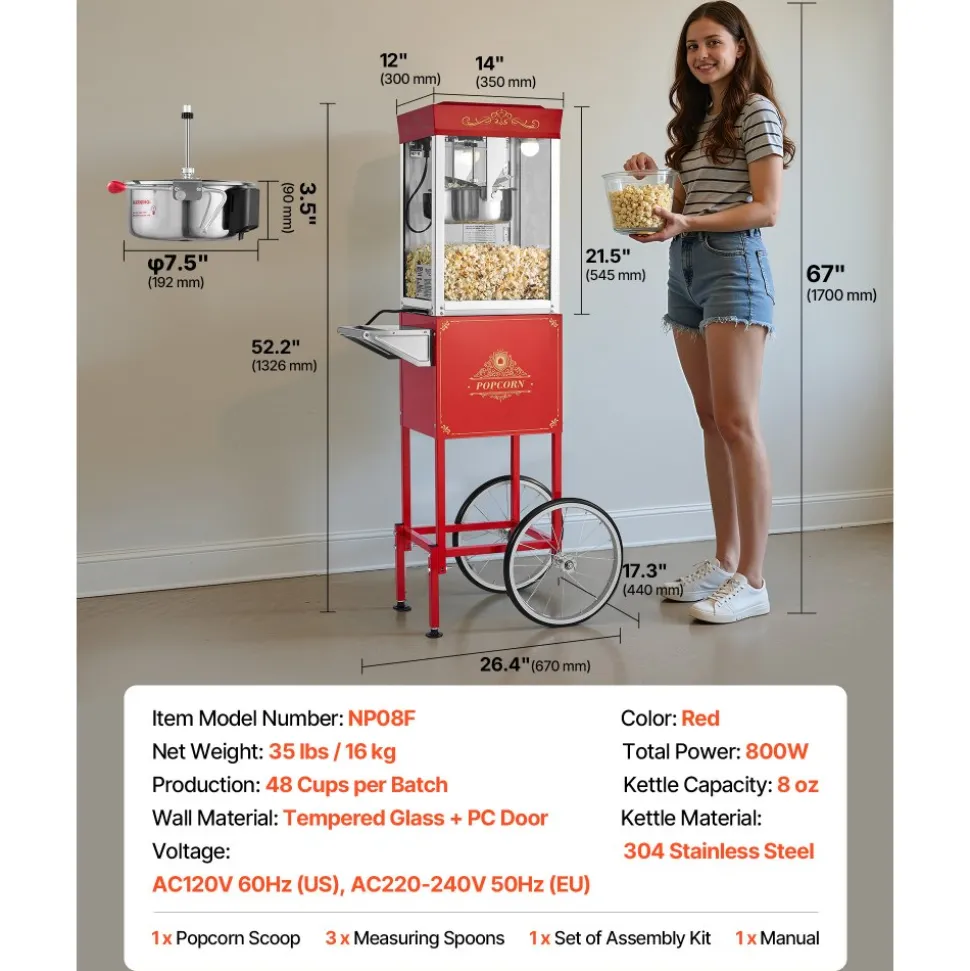 VEVOR Popcorn Machine with Cart, 8oz Stainless Steel Kettle, 800W Commercial Popcorn Maker, 48 Cups per Batch Theater Style Popper, with 2-Button Control Glass Wall PC Door 1 Scoop 3 Spoons, Red