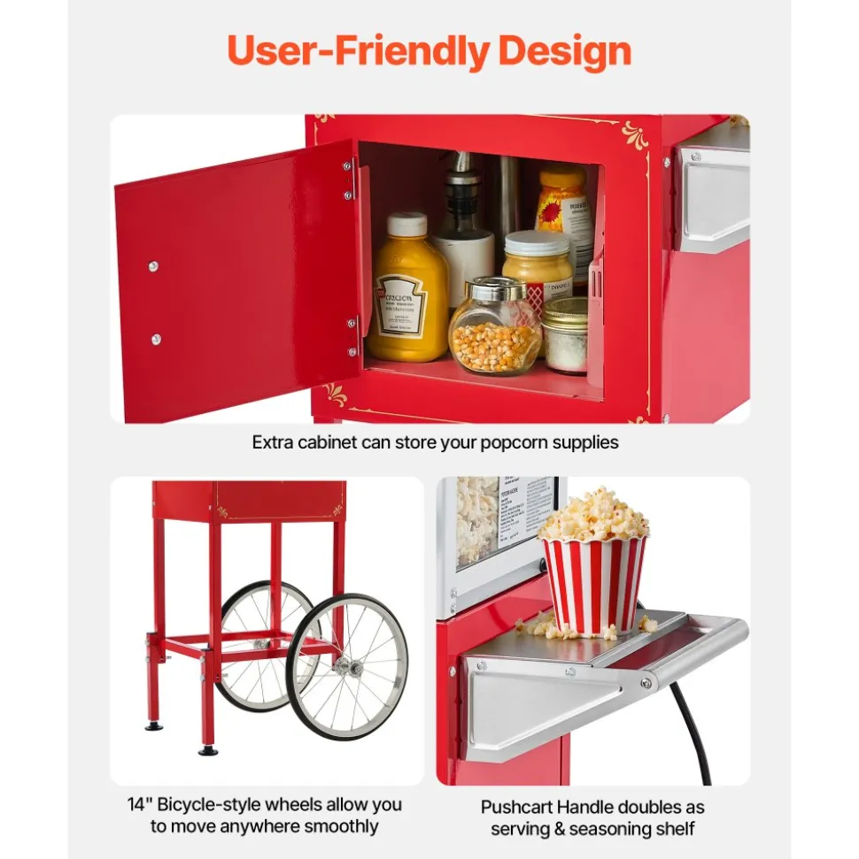VEVOR Popcorn Machine with Cart, 8oz Stainless Steel Kettle, 800W Commercial Popcorn Maker, 48 Cups per Batch Theater Style Popper, with 2-Button Control Glass Wall PC Door 1 Scoop 3 Spoons, Red