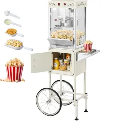 VEVOR Popcorn Machine with Cart, 8oz Stainless Steel Kettle, 800W Commercial Popcorn Maker, 48 Cups per Batch Theater Style Popper, with 2-Button Control Glass Wall PC Door 1 Scoop 3 Spoons, Black