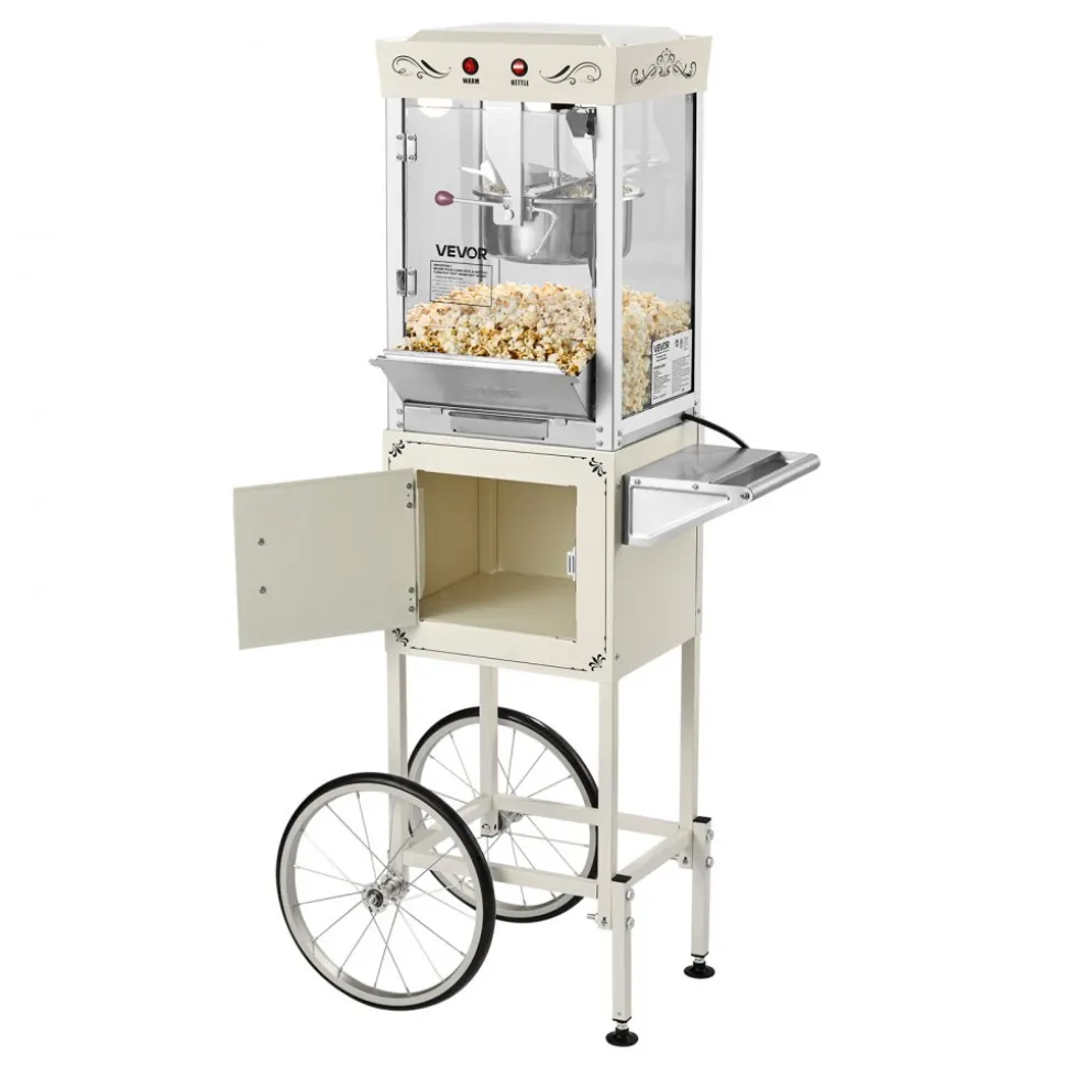 VEVOR Popcorn Machine with Cart, 8oz Stainless Steel Kettle, 800W Commercial Popcorn Maker, 48 Cups per Batch Theater Style Popper, with 2-Button Control Glass Wall PC Door 1 Scoop 3 Spoons, Black