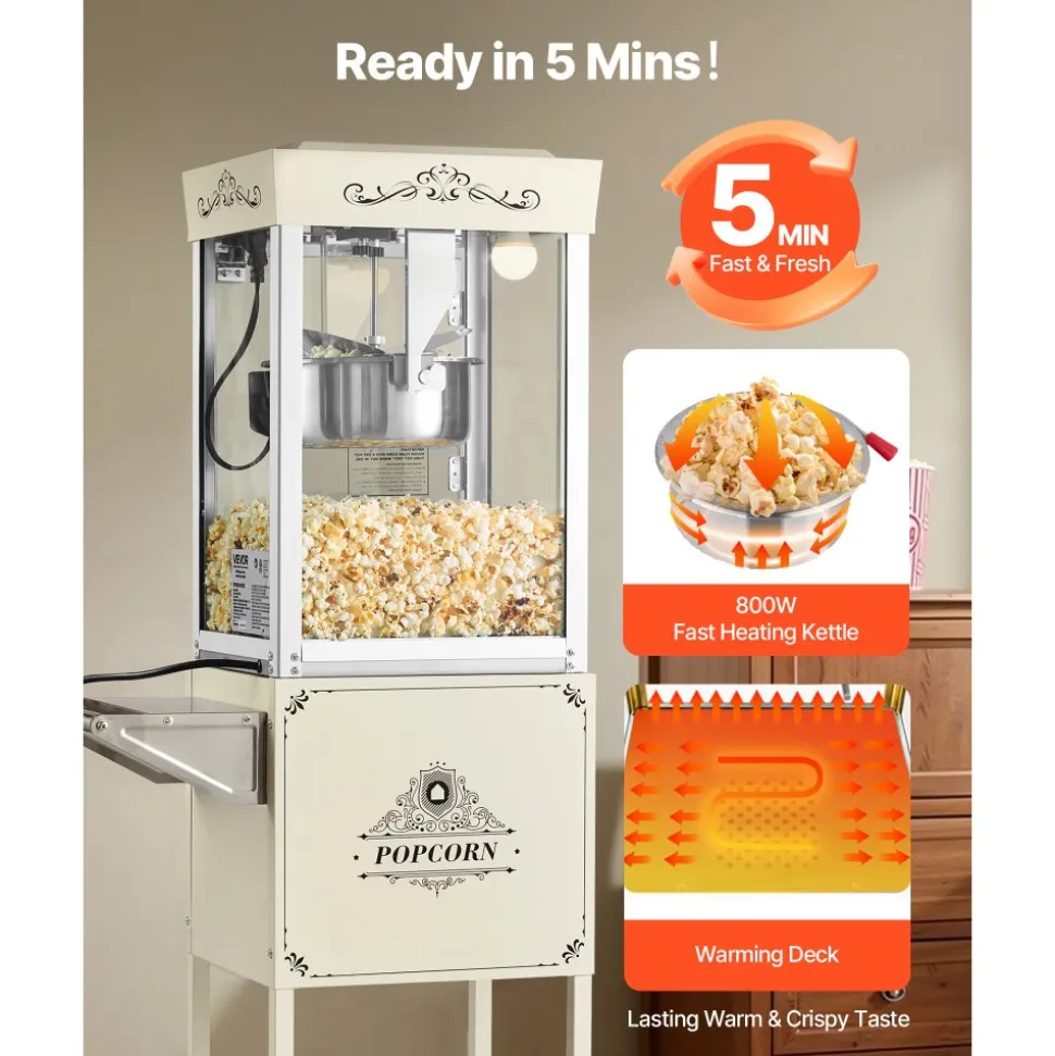 VEVOR Popcorn Machine with Cart, 8oz Stainless Steel Kettle, 800W Commercial Popcorn Maker, 48 Cups per Batch Theater Style Popper, with 2-Button Control Glass Wall PC Door 1 Scoop 3 Spoons, Black