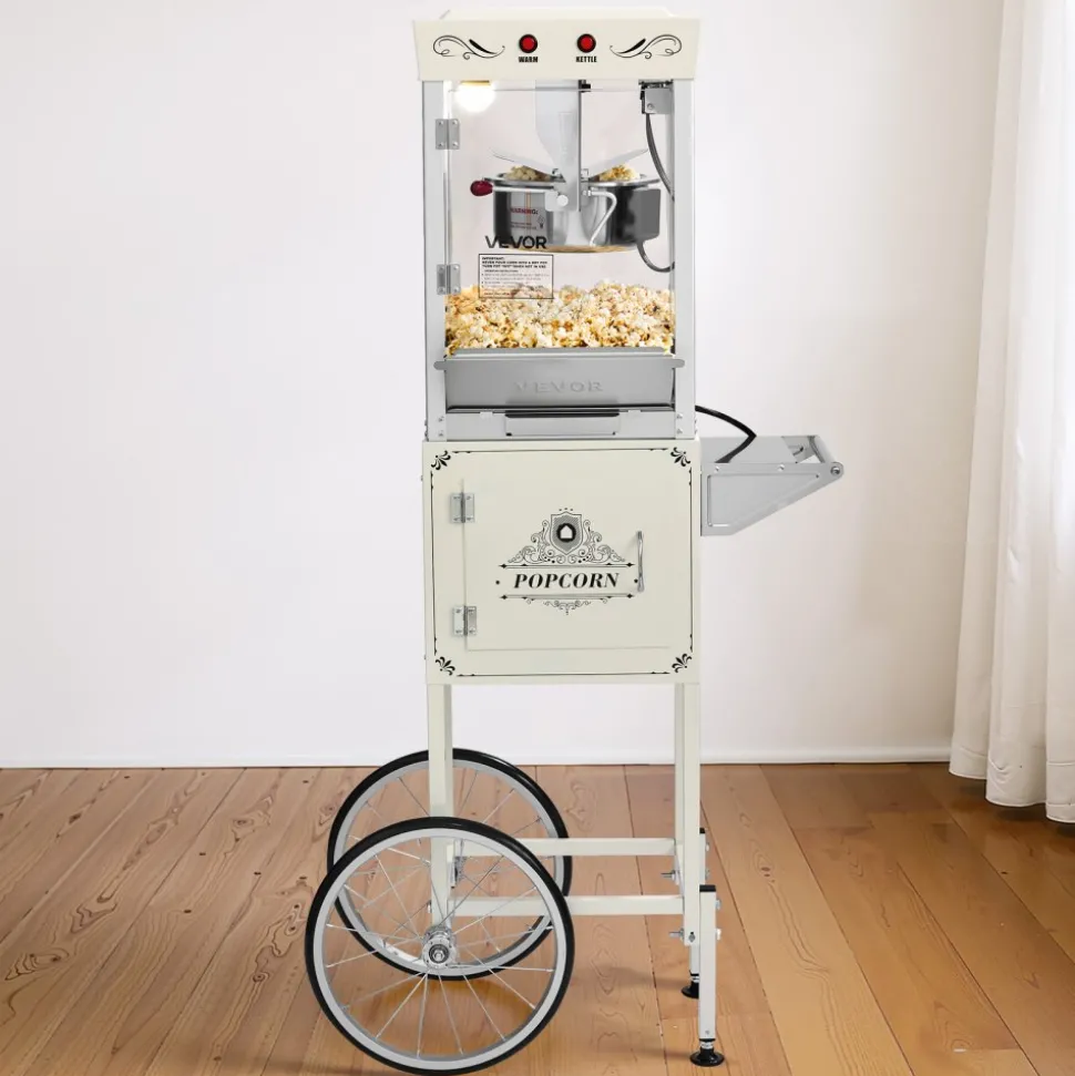 VEVOR Popcorn Machine with Cart, 8oz Stainless Steel Kettle, 800W Commercial Popcorn Maker, 48 Cups per Batch Theater Style Popper, with 2-Button Control Glass Wall PC Door 1 Scoop 3 Spoons, Black