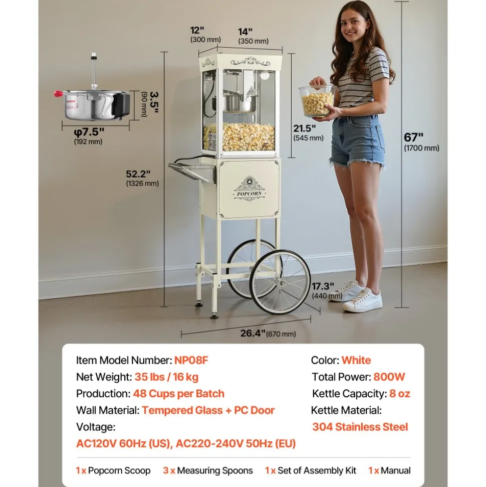 VEVOR Popcorn Machine with Cart, 8oz Stainless Steel Kettle, 800W Commercial Popcorn Maker, 48 Cups per Batch Theater Style Popper, with 2-Button Control Glass Wall PC Door 1 Scoop 3 Spoons, Black