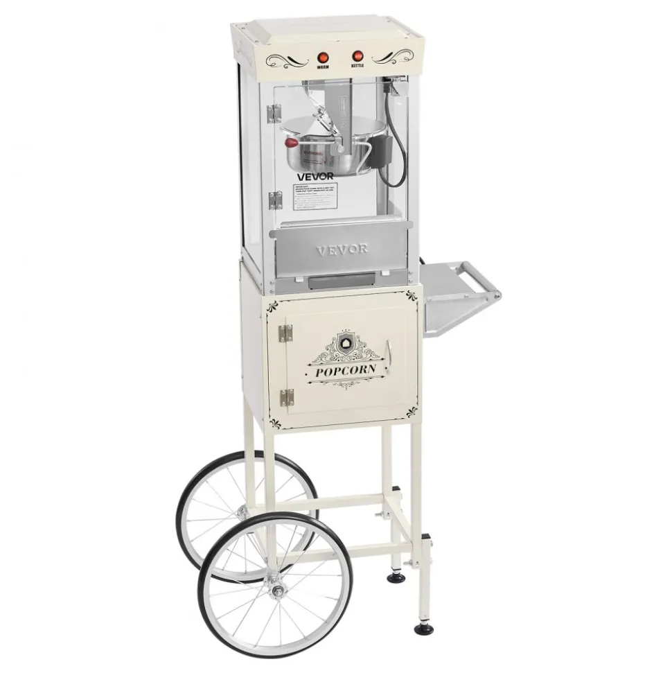 VEVOR Popcorn Machine with Cart, 8oz Stainless Steel Kettle, 800W Commercial Popcorn Maker, 48 Cups per Batch Theater Style Popper, with 2-Button Control Glass Wall PC Door 1 Scoop 3 Spoons, Black