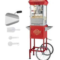 VEVOR Popcorn Maker with Cart, 850W Popcorn Popper Machine, 8 Oz Kettle Makes 48 Cups per Batch, Popcorn Maker Equipped with Tempered Glass, Includes 4 Scoops, Movie Theater Style, Red