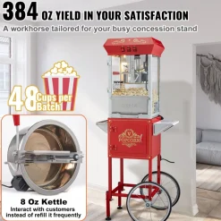 VEVOR Popcorn Maker with Cart, 850W Popcorn Popper Machine, 8 Oz Kettle Makes 48 Cups per Batch, Popcorn Maker Equipped with Tempered Glass, Includes 4 Scoops, Movie Theater Style, Red
