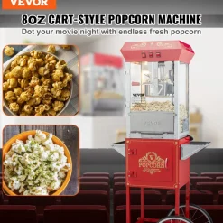 VEVOR Popcorn Maker with Cart, 850W Popcorn Popper Machine, 8 Oz Kettle Makes 48 Cups per Batch, Popcorn Maker Equipped with Tempered Glass, Includes 4 Scoops, Movie Theater Style, Red