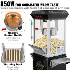 VEVOR Popcorn Maker with Cart, 850W Popcorn Popper Machine, 8 Oz Kettle Makes 48 Cups per Batch, Popcorn Maker Equipped with Tempered Glass, Includes 4 Scoops, Movie Theater Style, Black