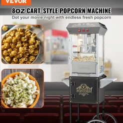 VEVOR Popcorn Maker with Cart, 850W Popcorn Popper Machine, 8 Oz Kettle Makes 48 Cups per Batch, Popcorn Maker Equipped with Tempered Glass, Includes 4 Scoops, Movie Theater Style, Black