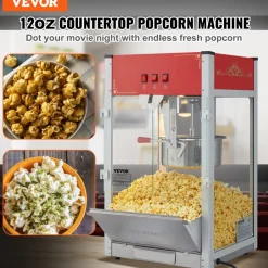 VEVOR Popcorn Maker, 1440W Popcorn Popper Machine, 12 Oz Kettle Makes 80 Cups per Batch, Countertop Popcorn Maker with Tempered Glass, 3 Stainless Steel Scoops, Movie Theater Style, Red