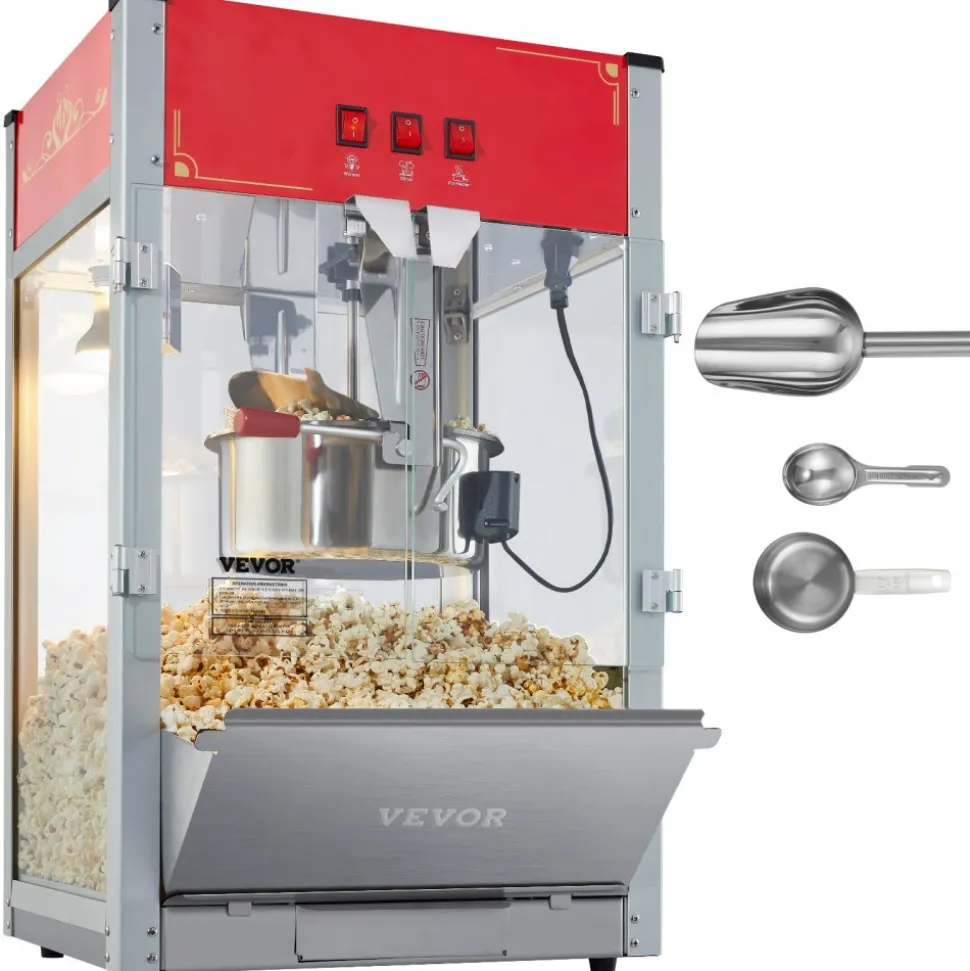 VEVOR Popcorn Maker, 850W Popcorn Popper Machine, 8 Oz Kettle Makes 48 Cups per Batch, Countertop Popcorn Maker with Tempered Glass, Includes 4 Scoops, Movie Theater Style, Black