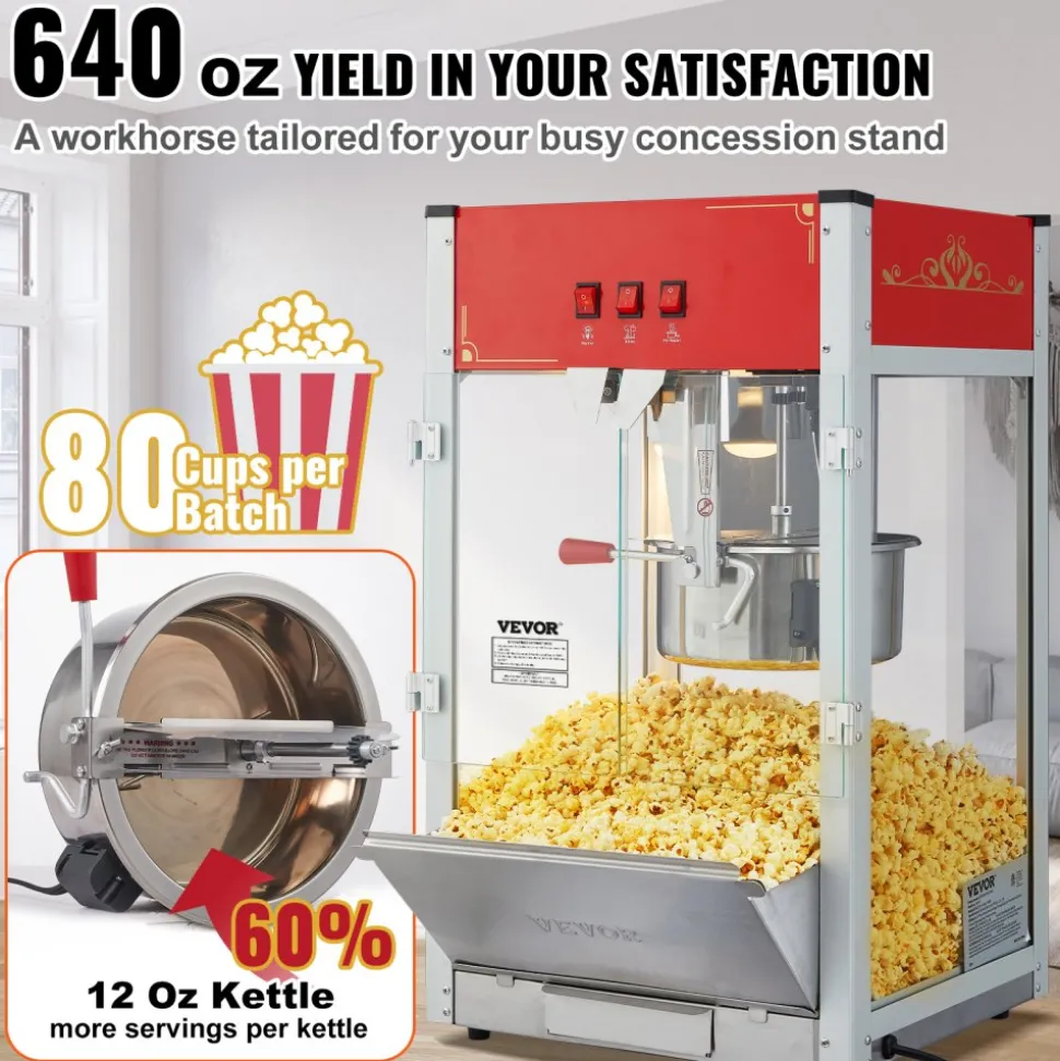 VEVOR Popcorn Maker, 850W Popcorn Popper Machine, 8 Oz Kettle Makes 48 Cups per Batch, Countertop Popcorn Maker with Tempered Glass, Includes 4 Scoops, Movie Theater Style, Black