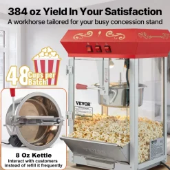 VEVOR Popcorn Maker, 850W Popcorn Popper Machine, 8 Oz Kettle Makes 48 Cups per Batch, Countertop Popcorn Maker with Tempered Glass, Includes 4 Scoops, Movie Theater Style, Red