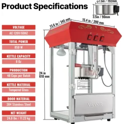 VEVOR Popcorn Maker, 850W Popcorn Popper Machine, 8 Oz Kettle Makes 48 Cups per Batch, Countertop Popcorn Maker with Tempered Glass, Includes 4 Scoops, Movie Theater Style, Red