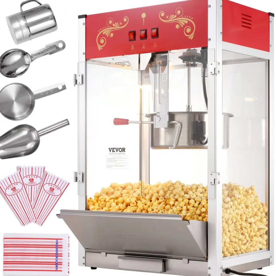 VEVOR Popcorn Maker, 1615W Popcorn Popper Machine, 16 Oz Kettle Large Capacity Countertop Popcorn Maker with Tempered Glass, Includes 3 Stainless Steel Scoops, Movie Theater Style, Red