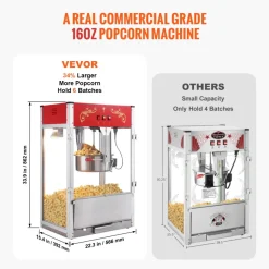 VEVOR Popcorn Maker, 1615W Popcorn Popper Machine, 16 Oz Kettle Large Capacity Countertop Popcorn Maker with Tempered Glass, Includes 3 Stainless Steel Scoops, Movie Theater Style, Red