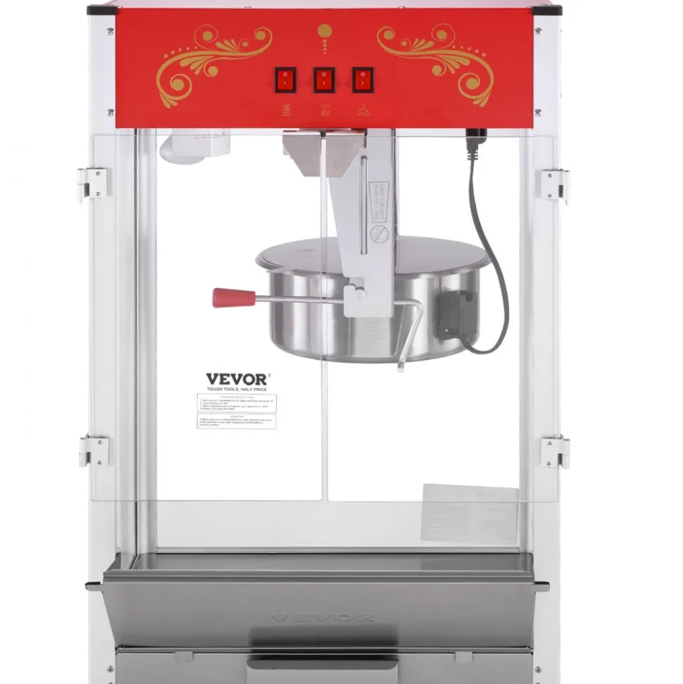 VEVOR Popcorn Maker, 1615W Popcorn Popper Machine, 16 Oz Kettle Large Capacity Countertop Popcorn Maker with Tempered Glass, Includes 3 Stainless Steel Scoops, Movie Theater Style, Red