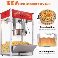 VEVOR Popcorn Maker, 1615W Popcorn Popper Machine, 16 Oz Kettle Large Capacity Countertop Popcorn Maker with Tempered Glass, Includes 3 Stainless Steel Scoops, Movie Theater Style, Red