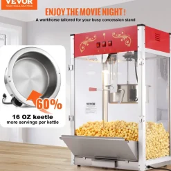 VEVOR Popcorn Maker, 1615W Popcorn Popper Machine, 16 Oz Kettle Large Capacity Countertop Popcorn Maker with Tempered Glass, Includes 3 Stainless Steel Scoops, Movie Theater Style, Red